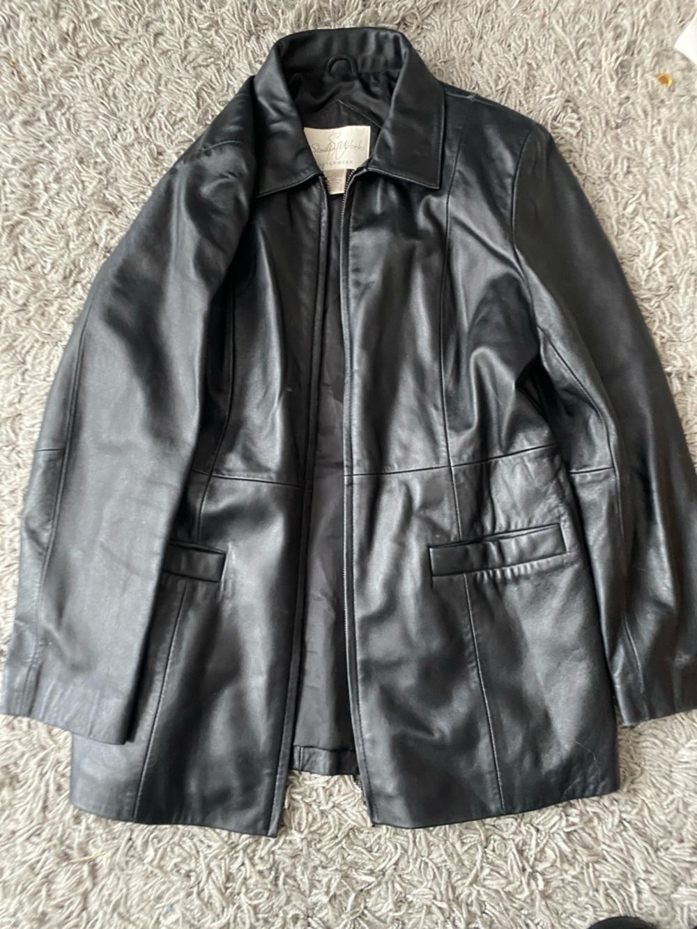 Studio Works Black Leather Jacket with Gold Logo Detail